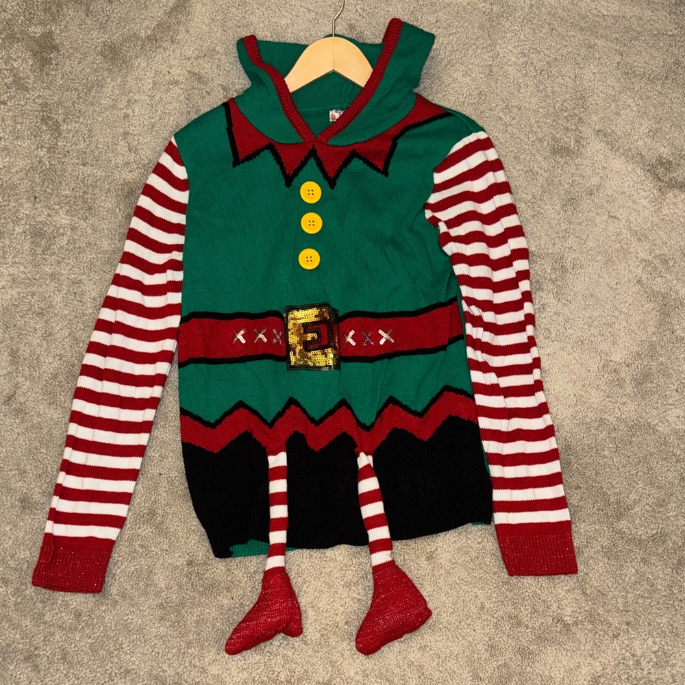 Festive Elf Sweater with Striped Sleeves